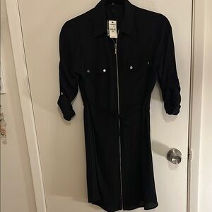 NWT EXPRESS Black Zip-Front Shirt Dress with Tie Waist